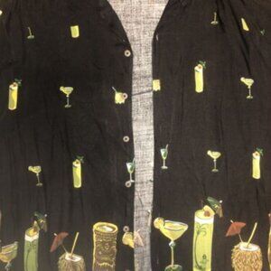 Axis 100% Rayon Drinks Print Black Button-Up Shirt L Button Up Hawaii Luau